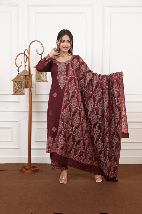 Elegant Maroon Woolen Embroidered Kurta Set with Matching Shawl