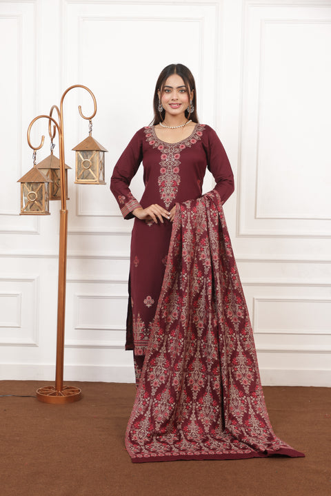 Elegant Maroon Woolen Embroidered Kurta Set with Matching Shawl
