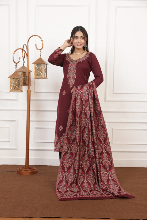 Elegant Maroon Woolen Embroidered Kurta Set with Matching Shawl