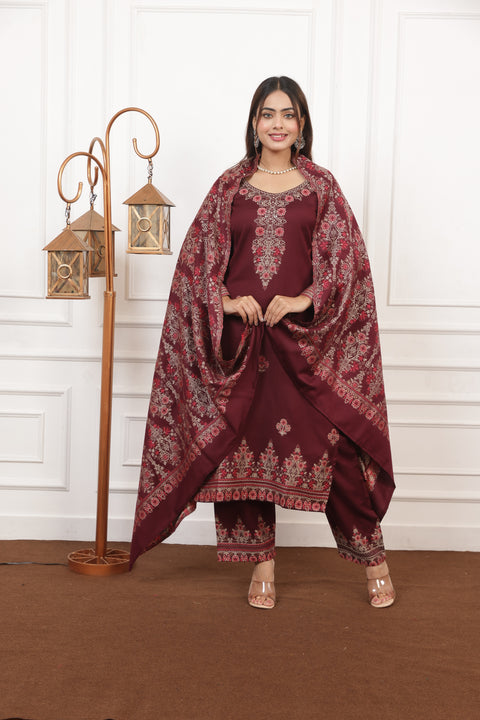 Elegant Maroon Woolen Embroidered Kurta Set with Matching Shawl