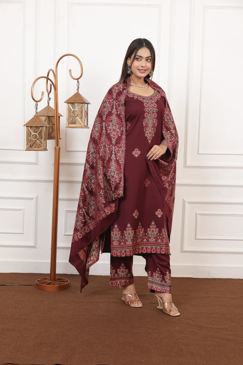 Elegant Maroon Woolen Embroidered Kurta Set with Matching Shawl