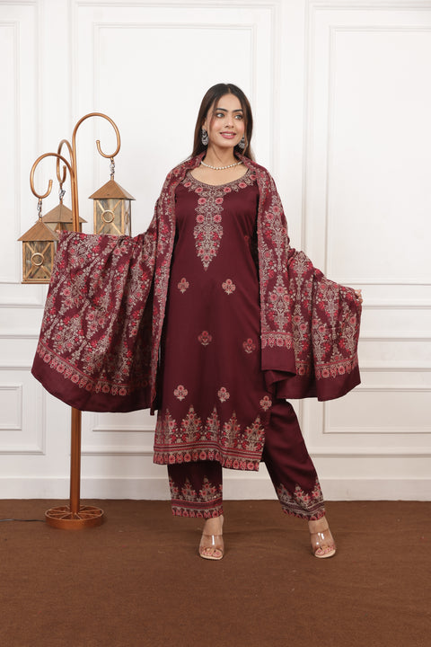 Elegant Maroon Woolen Embroidered Kurta Set with Matching Shawl