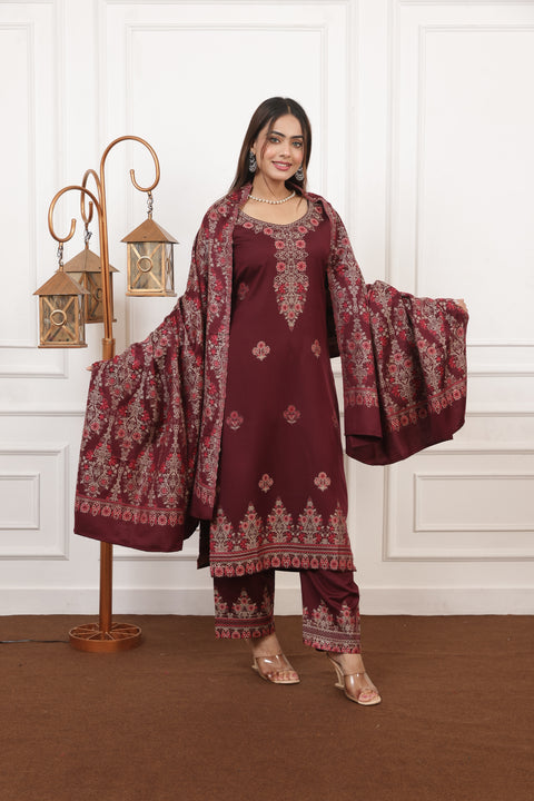 Elegant Maroon Woolen Embroidered Kurta Set with Matching Shawl