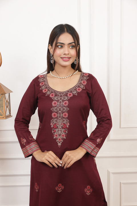 Elegant Maroon Woolen Embroidered Kurta Set with Matching Shawl