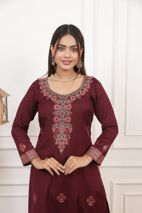Elegant Maroon Woolen Embroidered Kurta Set with Matching Shawl