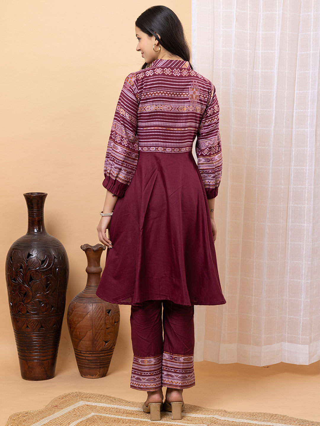 Wine Anarkali Co-Ord Set with Striped Yoke and Bishop Sleeves