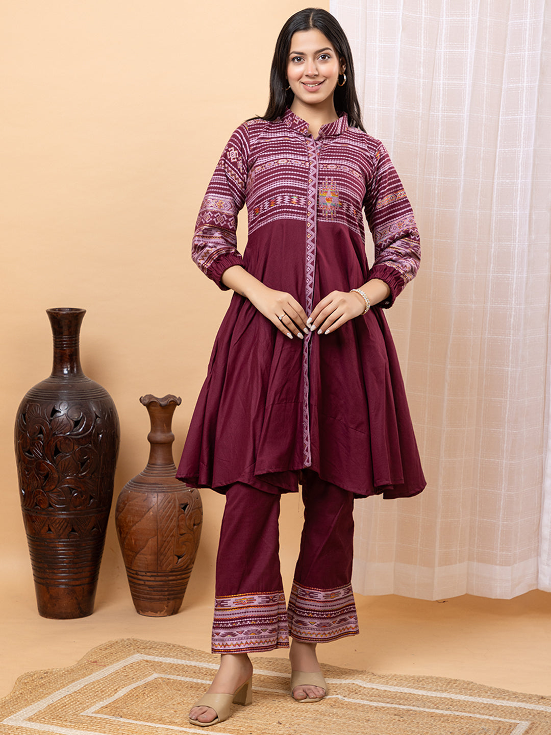 Wine Anarkali Co-Ord Set with Striped Yoke and Bishop Sleeves