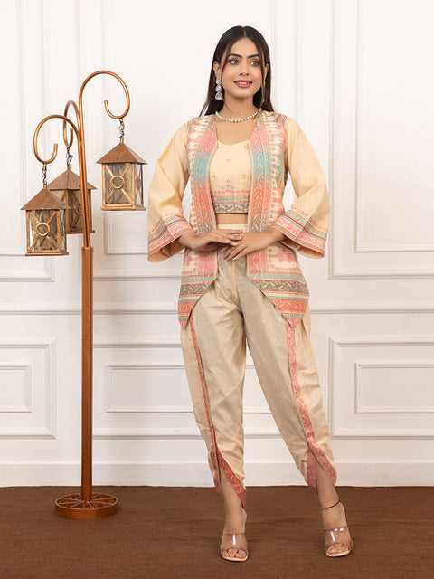 Stylish Cream Cotton Silk Dhoti Pant Set with Embroidered Crop Top & Jacket