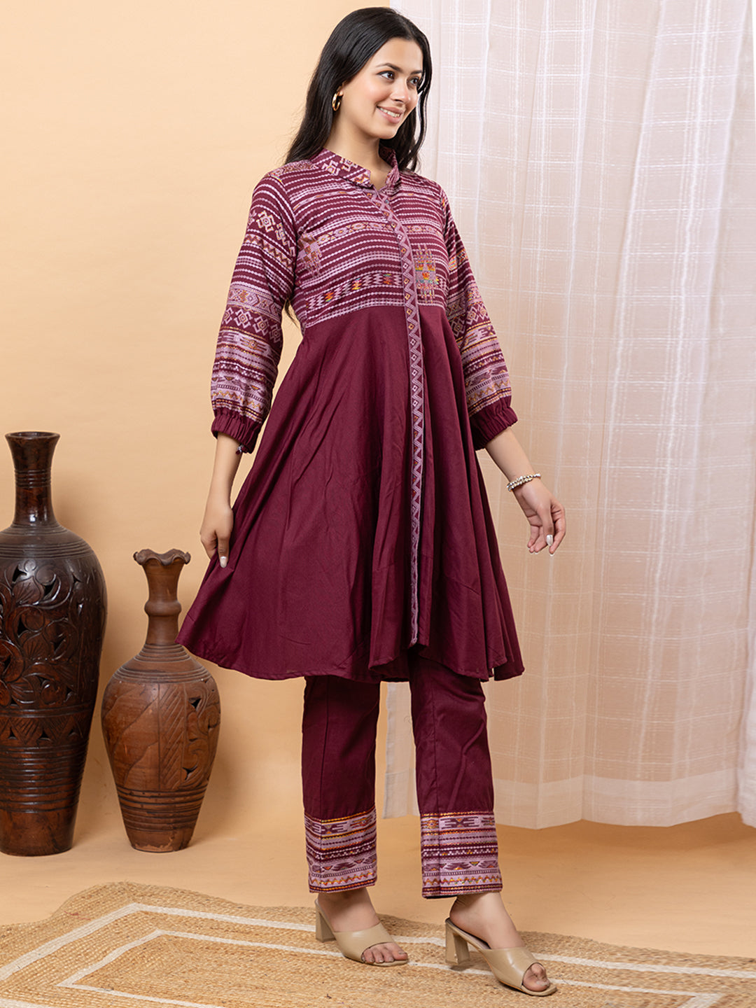 Wine Anarkali Co-Ord Set with Striped Yoke and Bishop Sleeves