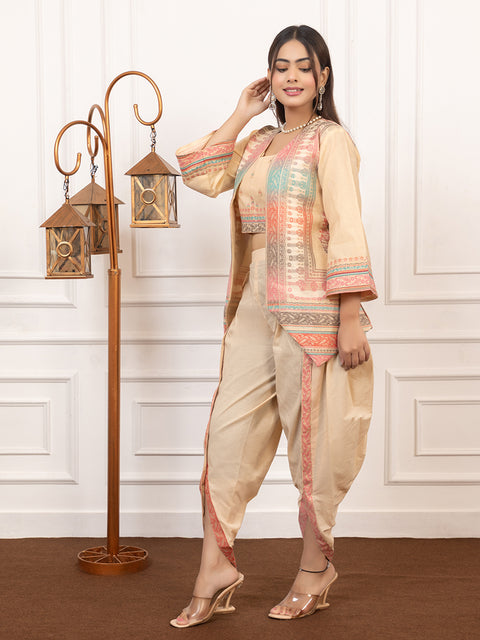 Stylish Cream Cotton Silk Dhoti Pant Set with Embroidered Crop Top & Jacket