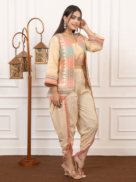 Stylish Cream Cotton Silk Dhoti Pant Set with Embroidered Crop Top & Jacket