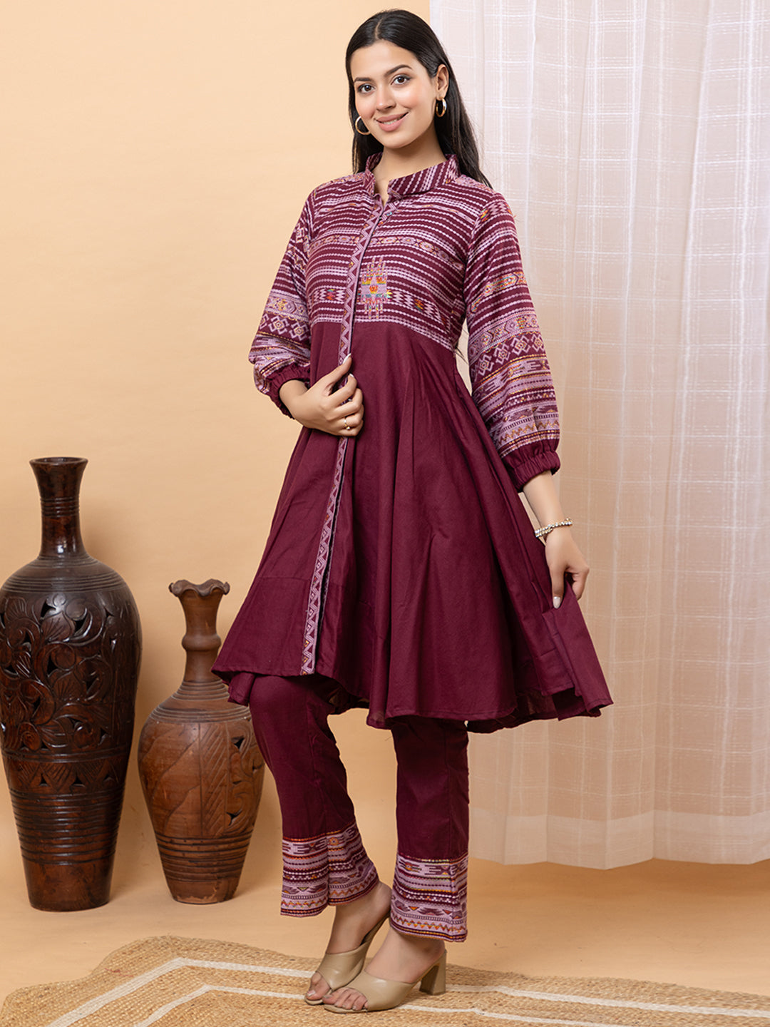 Wine Anarkali Co-Ord Set with Striped Yoke and Bishop Sleeves