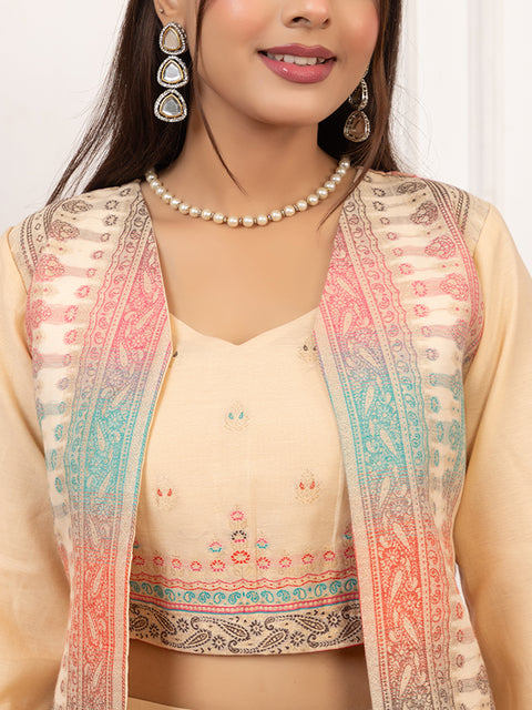 Stylish Cream Cotton Silk Dhoti Pant Set with Embroidered Crop Top & Jacket