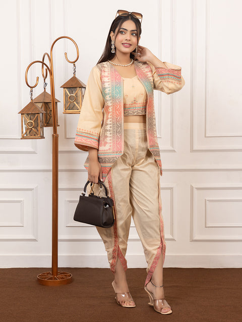 Stylish Cream Cotton Silk Dhoti Pant Set with Embroidered Crop Top & Jacket