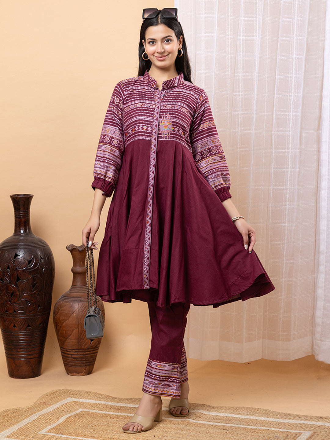 Wine Anarkali Co-Ord Set with Striped Yoke and Bishop Sleeves