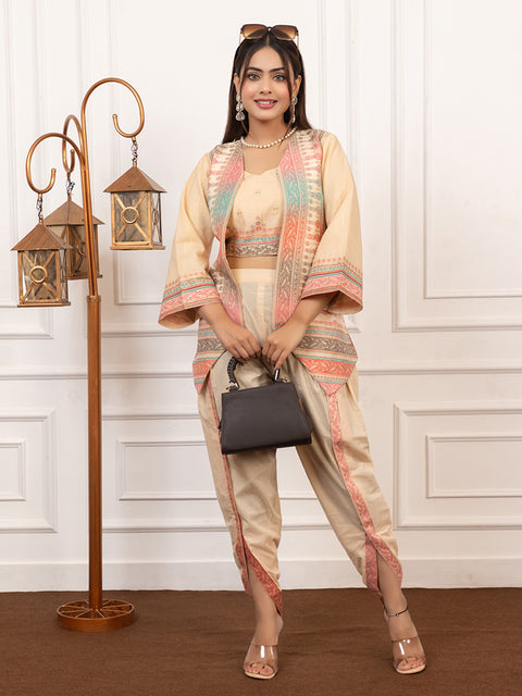 Stylish Cream Cotton Silk Dhoti Pant Set with Embroidered Crop Top & Jacket