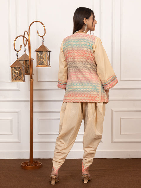 Stylish Cream Cotton Silk Dhoti Pant Set with Embroidered Crop Top & Jacket
