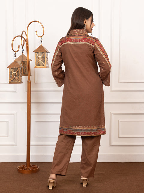 Kidar Brown Flared Co-Ord Set with Detailed Borders