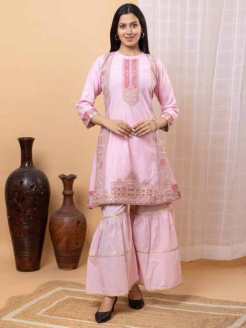 Elegant Pink Co-Ord Set with Architectural Weave Embroidery