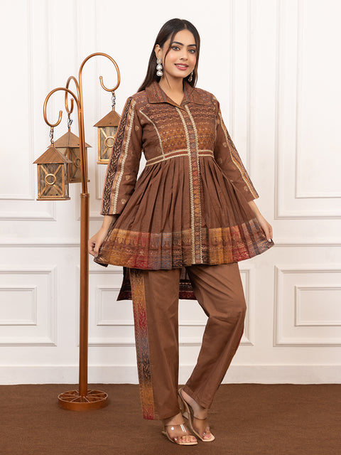 Kidar Brown Flared Co-Ord Set with Detailed Borders