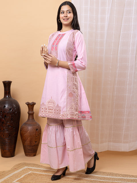 Elegant Pink Co-Ord Set with Architectural Weave Embroidery
