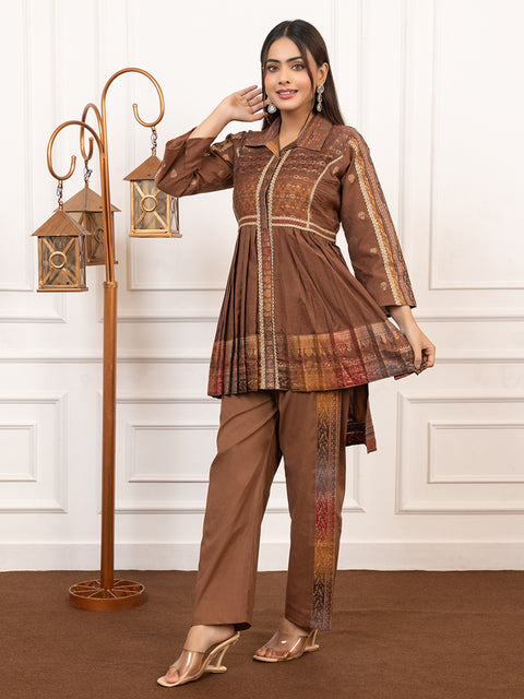 Kidar Brown Flared Co-Ord Set with Detailed Borders