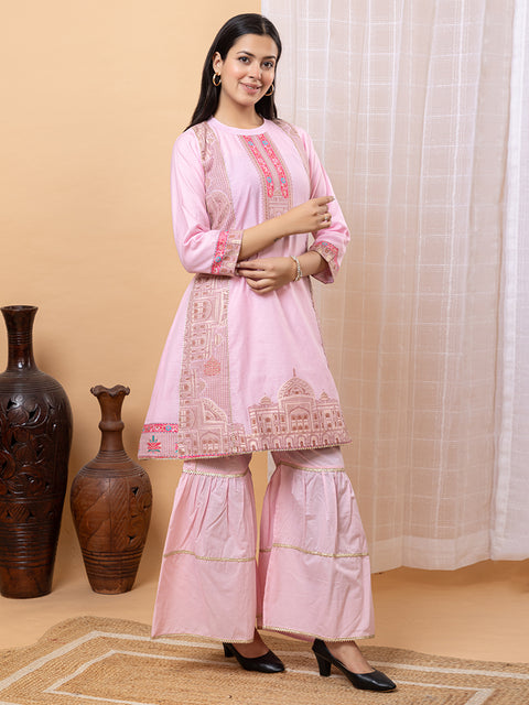Elegant Pink Co-Ord Set with Architectural Weave Embroidery