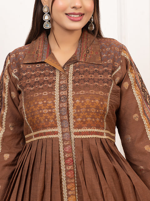 Kidar Brown Flared Co-Ord Set with Detailed Borders