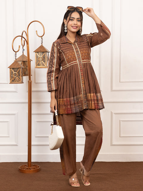Kidar Brown Flared Co-Ord Set with Detailed Borders