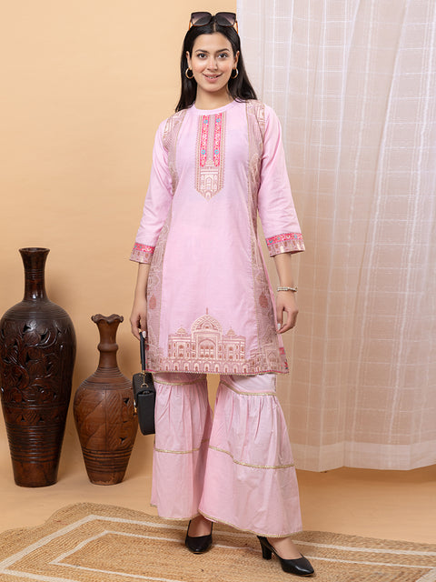 Elegant Pink Co-Ord Set with Architectural Weave Embroidery