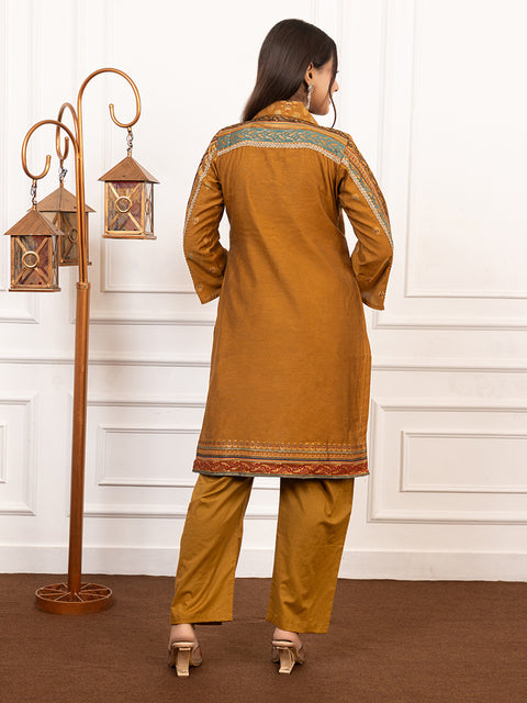 Kidar Mustard Flared Co-Ord Set with Detailed Borders