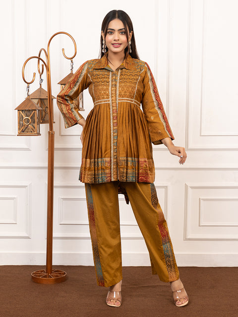 Kidar Mustard Flared Co-Ord Set with Detailed Borders