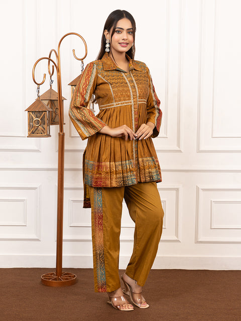 Kidar Mustard Flared Co-Ord Set with Detailed Borders