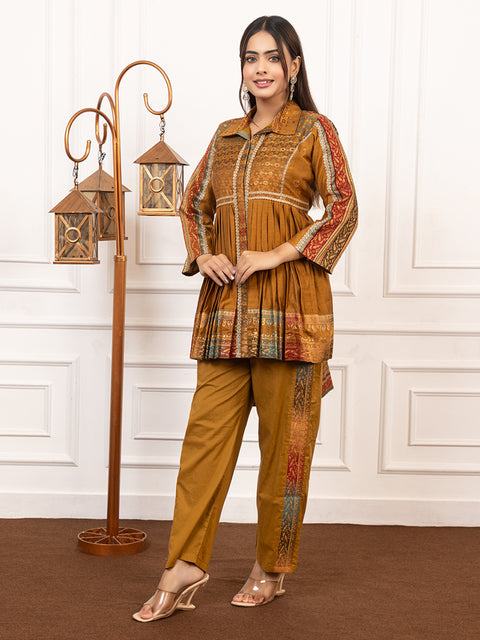 Kidar Mustard Flared Co-Ord Set with Detailed Borders