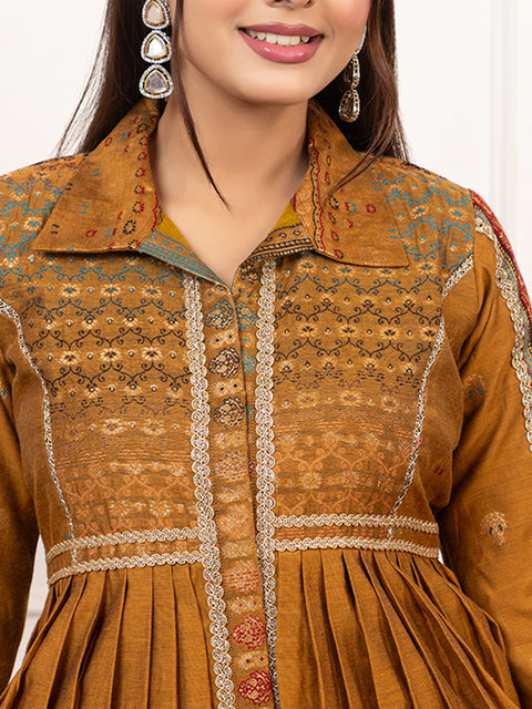 Kidar Mustard Flared Co-Ord Set with Detailed Borders