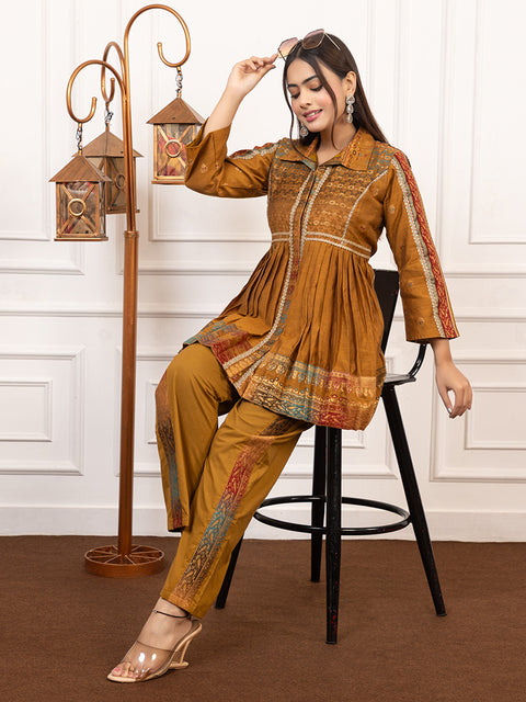 Kidar Mustard Flared Co-Ord Set with Detailed Borders