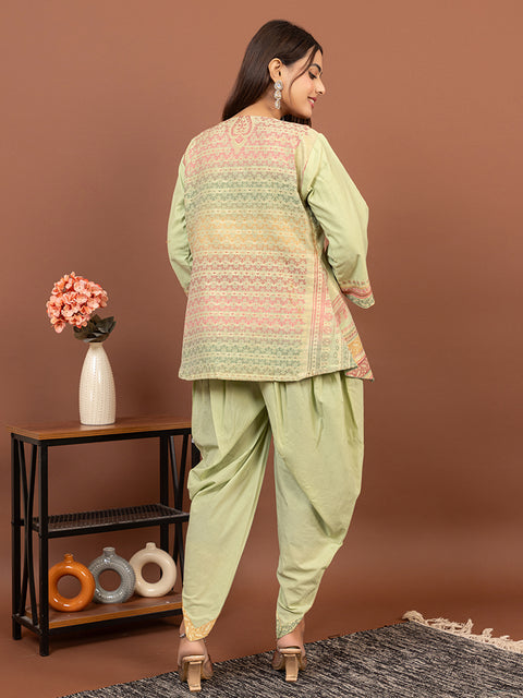 Stylish Pista Cotton Silk Dhoti Pant Set with Embroidered Crop Top & Jacket