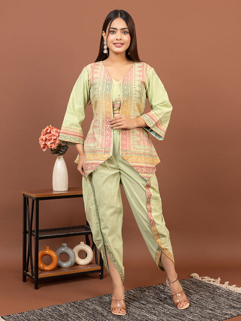 Stylish Pista Cotton Silk Dhoti Pant Set with Embroidered Crop Top & Jacket