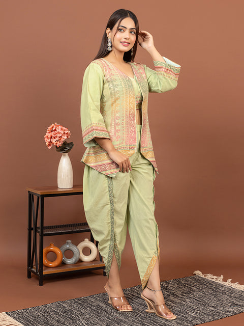 Stylish Pista Cotton Silk Dhoti Pant Set with Embroidered Crop Top & Jacket