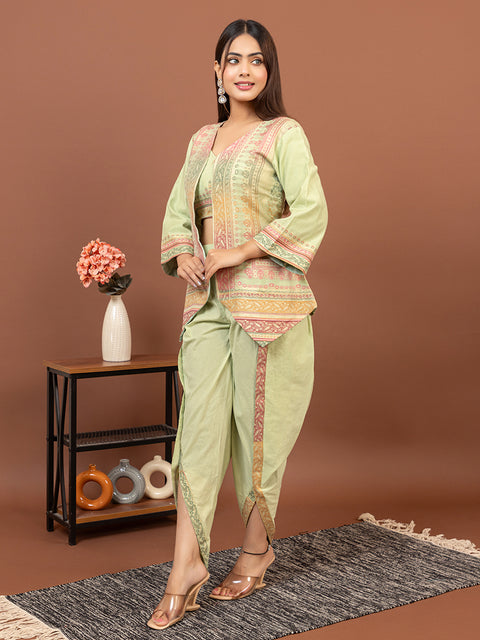 Stylish Pista Cotton Silk Dhoti Pant Set with Embroidered Crop Top & Jacket