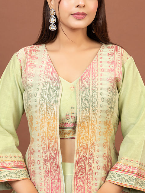 Stylish Pista Cotton Silk Dhoti Pant Set with Embroidered Crop Top & Jacket