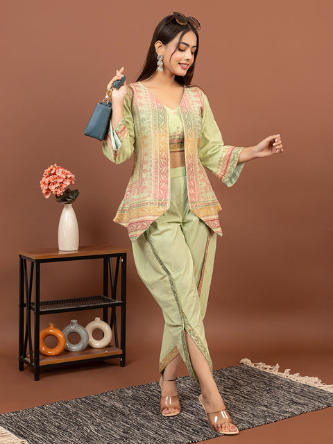 Stylish Pista Cotton Silk Dhoti Pant Set with Embroidered Crop Top & Jacket