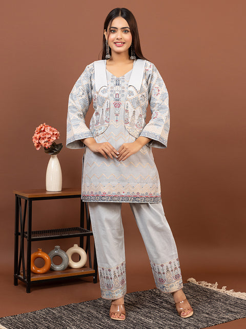 Light Grey weave Co-Ord Sets with Statement Collar & short jacket