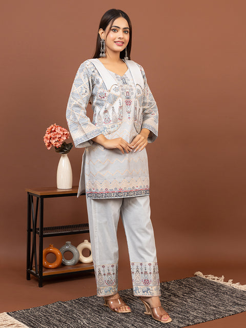 Light Grey weave Co-Ord Sets with Statement Collar & short jacket