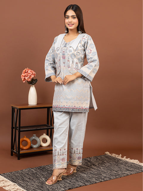 Light Grey weave Co-Ord Sets with Statement Collar & short jacket