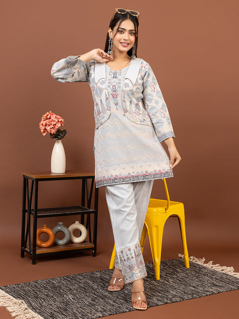 Light Grey weave Co-Ord Sets with Statement Collar & short jacket