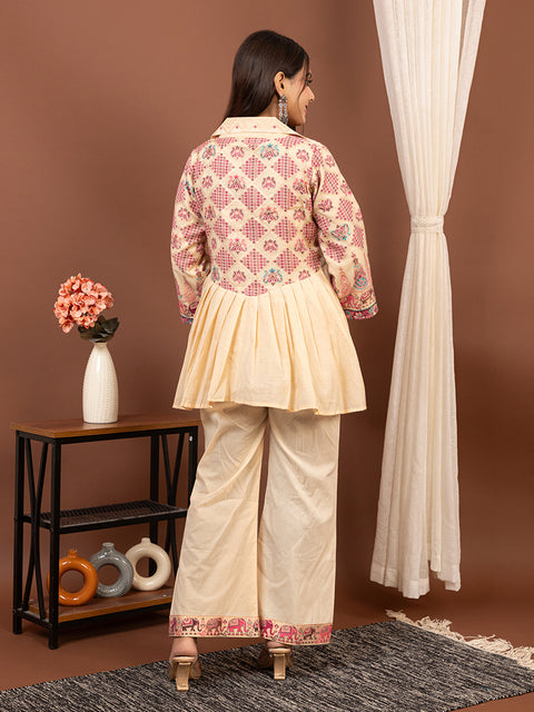 Elegant Cream Cotton Silk Jacquard Peplum Set by Kidar