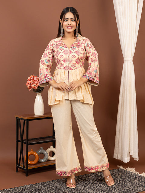 Elegant Cream Cotton Silk Jacquard Peplum Set by Kidar