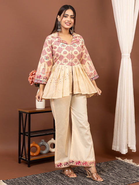 Elegant Cream Cotton Silk Jacquard Peplum Set by Kidar