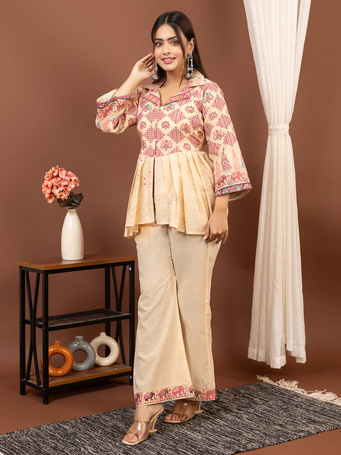 Elegant Cream Cotton Silk Jacquard Peplum Set by Kidar